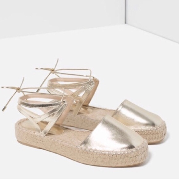 ZARA Basic Collection Gold Lace Up Espadrille, 6.5 - Picture 1 of 9